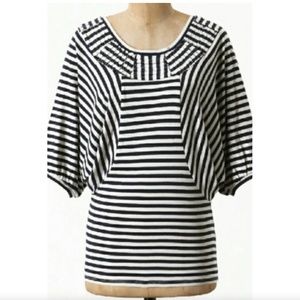 Anthropologie Ett Twa Blue & White Dolman Sleeve Banded Waist Top Sz medium